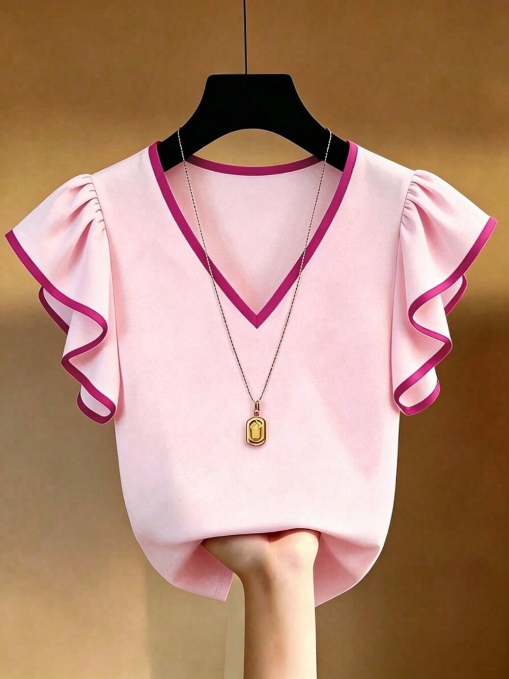 Pink Casual Women's French Style V-Neck Color Block Ruffle Short Sleeve Top